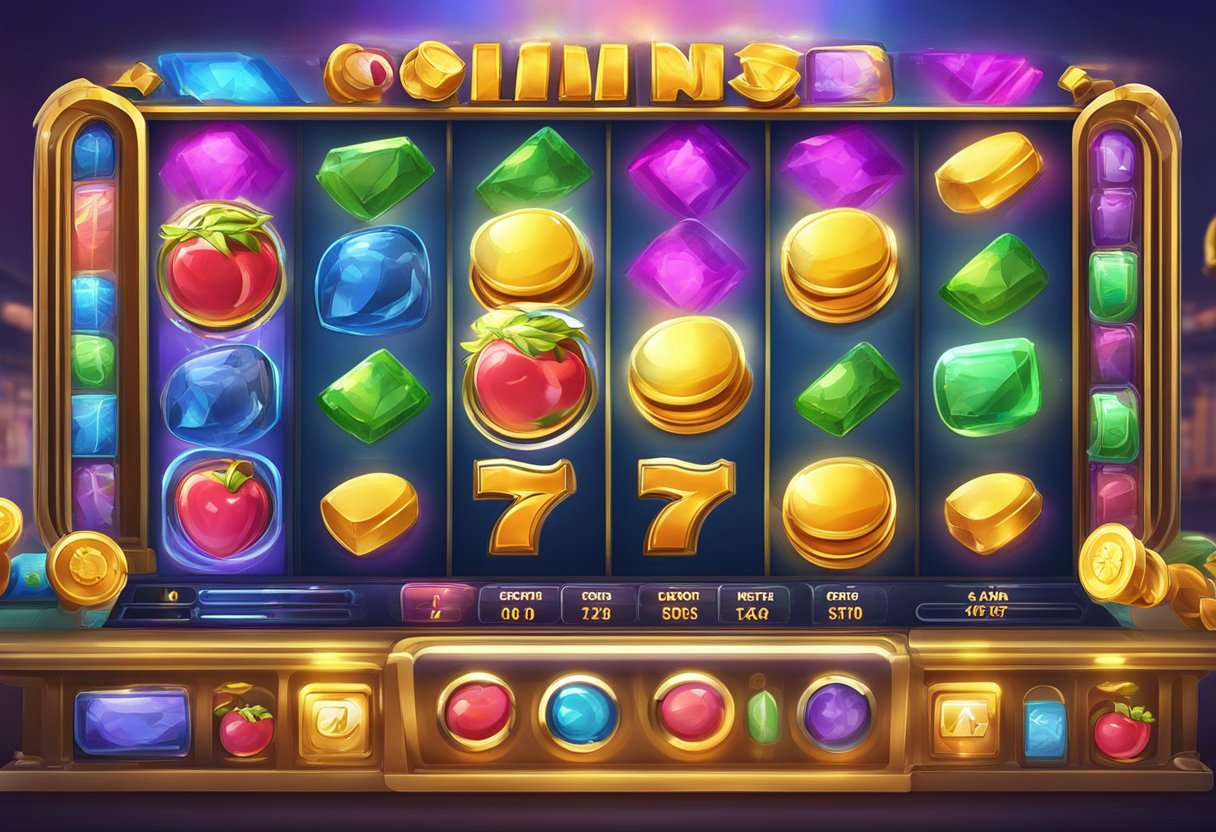 Antarmuka permainan slot online yang cerah dan dinamis dengan berbagai opsi dan fitur permainan yang ditampilkan di layar digital