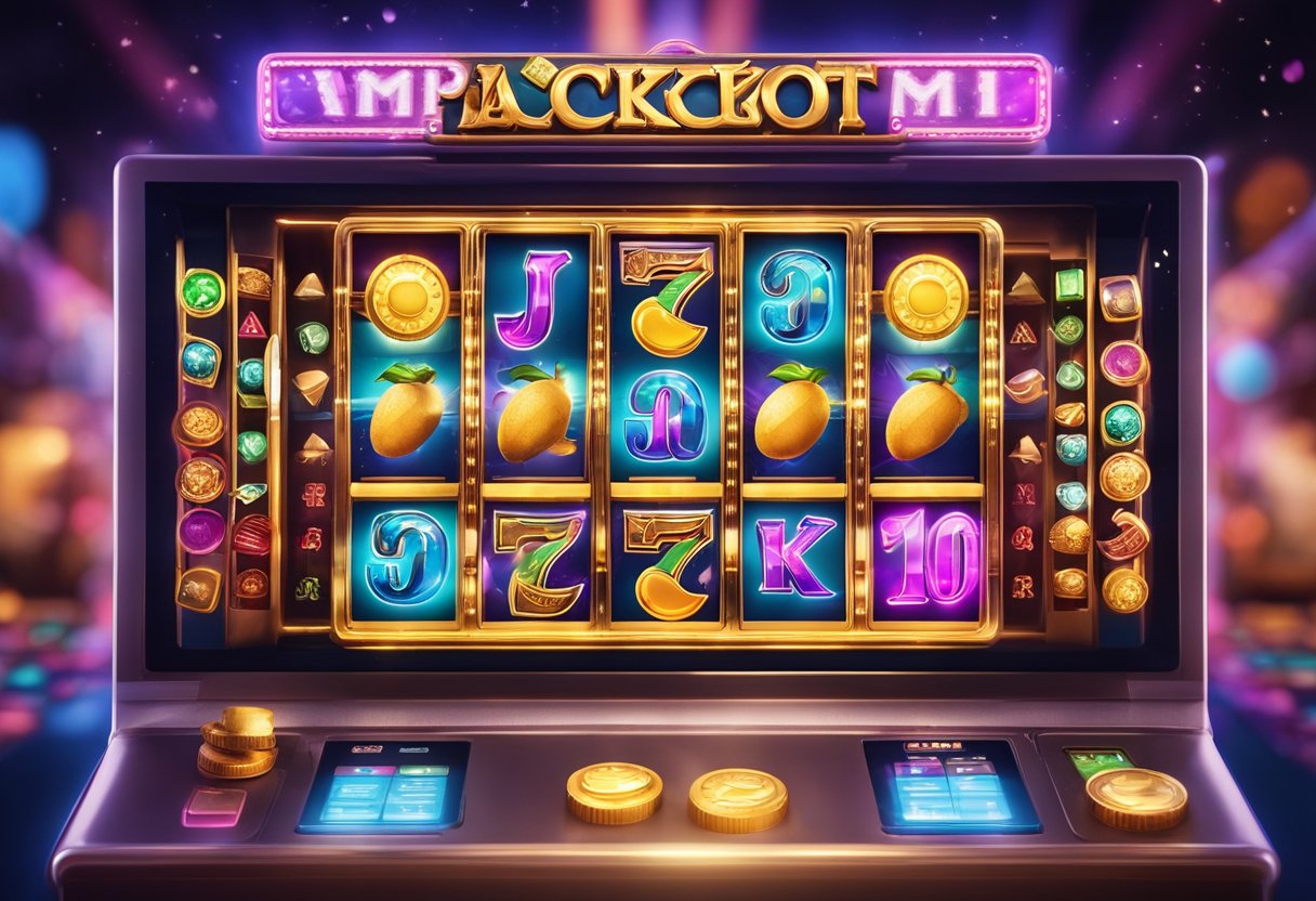 Mesin slot online dengan ikon berwarna-warni, dikelilingi simbol cerah, dan jackpot berkedip, tersedia di AGENOLX.